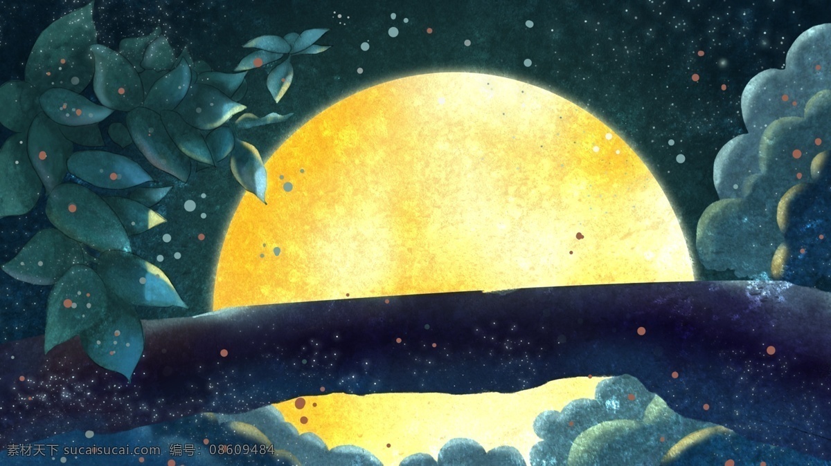 简约 手绘 夜晚 梦幻 月亮 风景 插画 背景 夜晚背景 梦幻背景 月亮风景 背景素材 背景展板 彩色背景