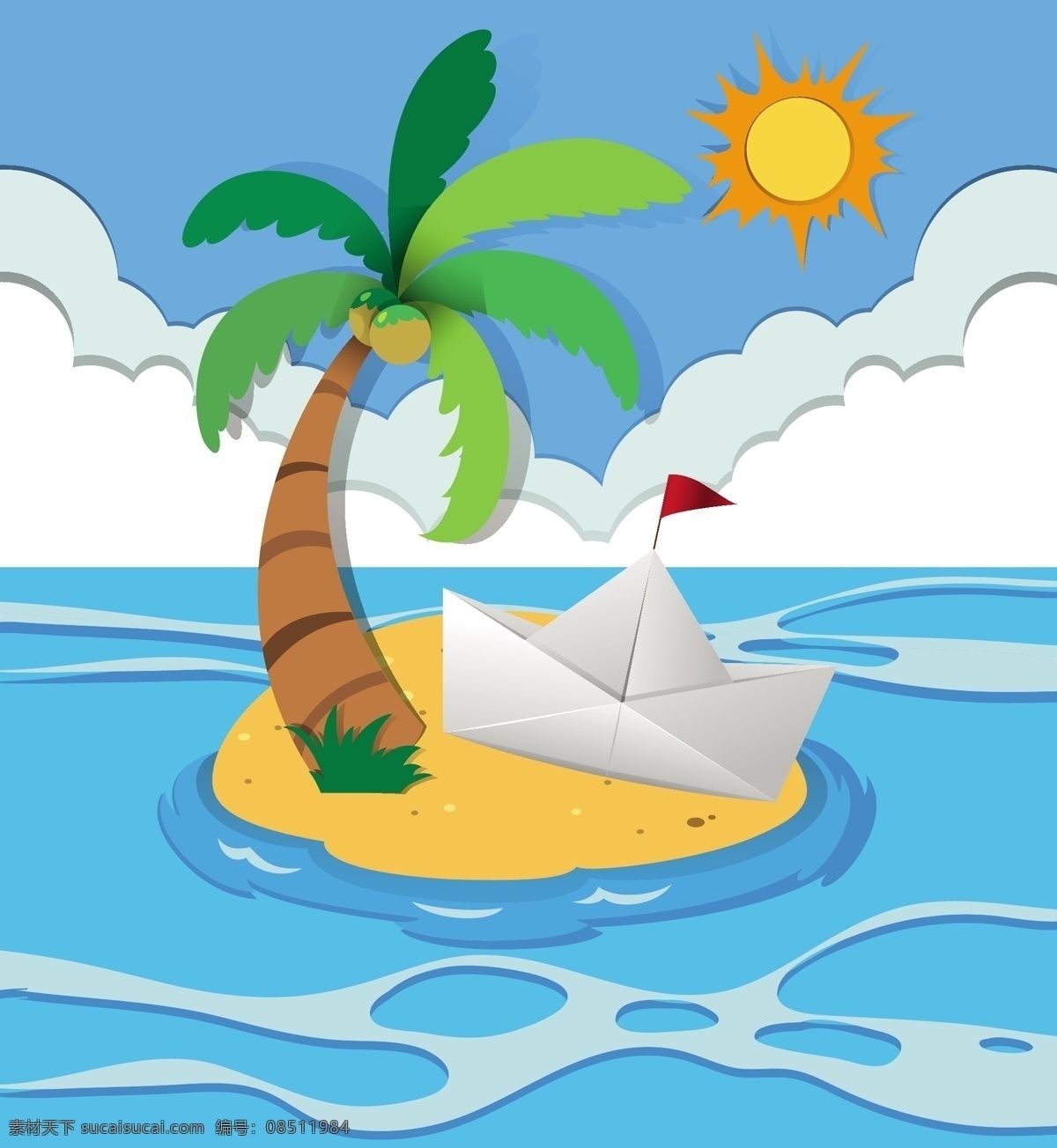 卡通 纸船 背景图片 卡通纸船背景 蓝天 海水 太阳 白云 大海 海天一色 清新 夏天 夏日 卡通设计