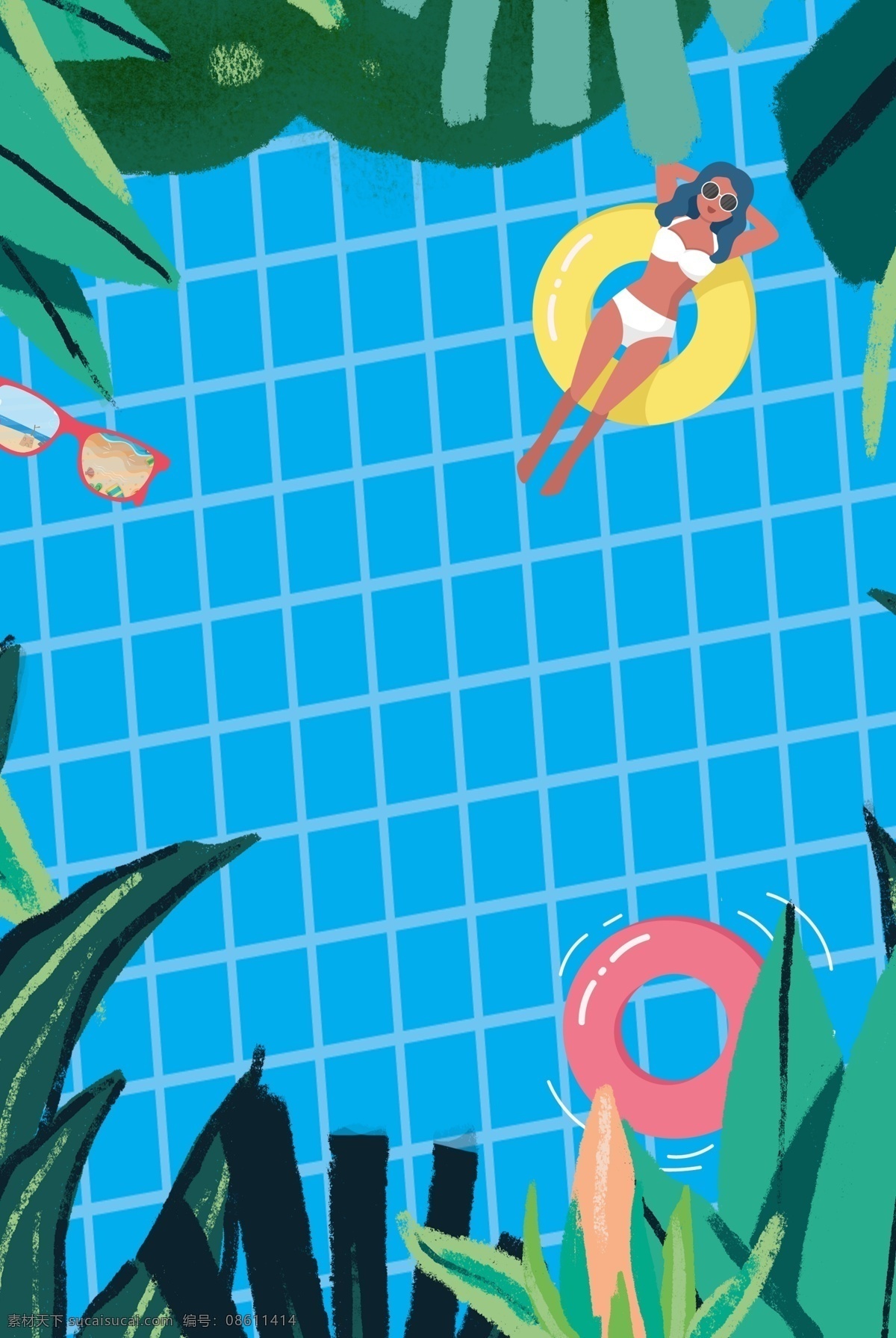 夏天 泳池 蓝色 背景 夏日 树叶 泳圈 太阳镜 草丛 简约 手绘
