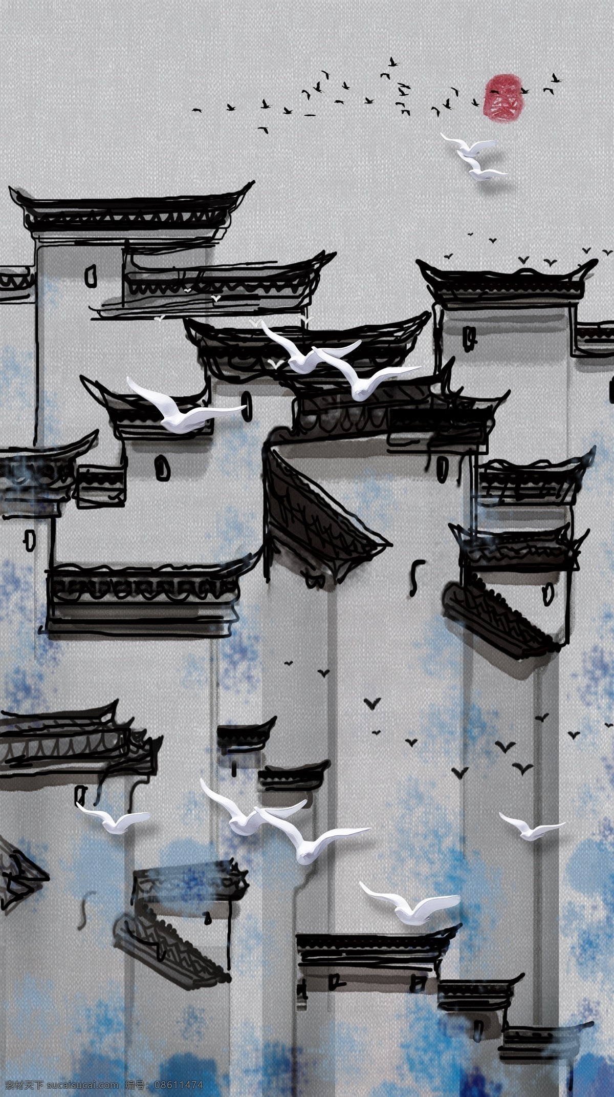 国画 徽派 建筑 水墨画 建筑物 房屋中国风 中式 风水画 寓意画 传统 大气 风景 绘画 背景墙 玄关画 室内画 中国风国画 文化艺术 绘画书法 分层