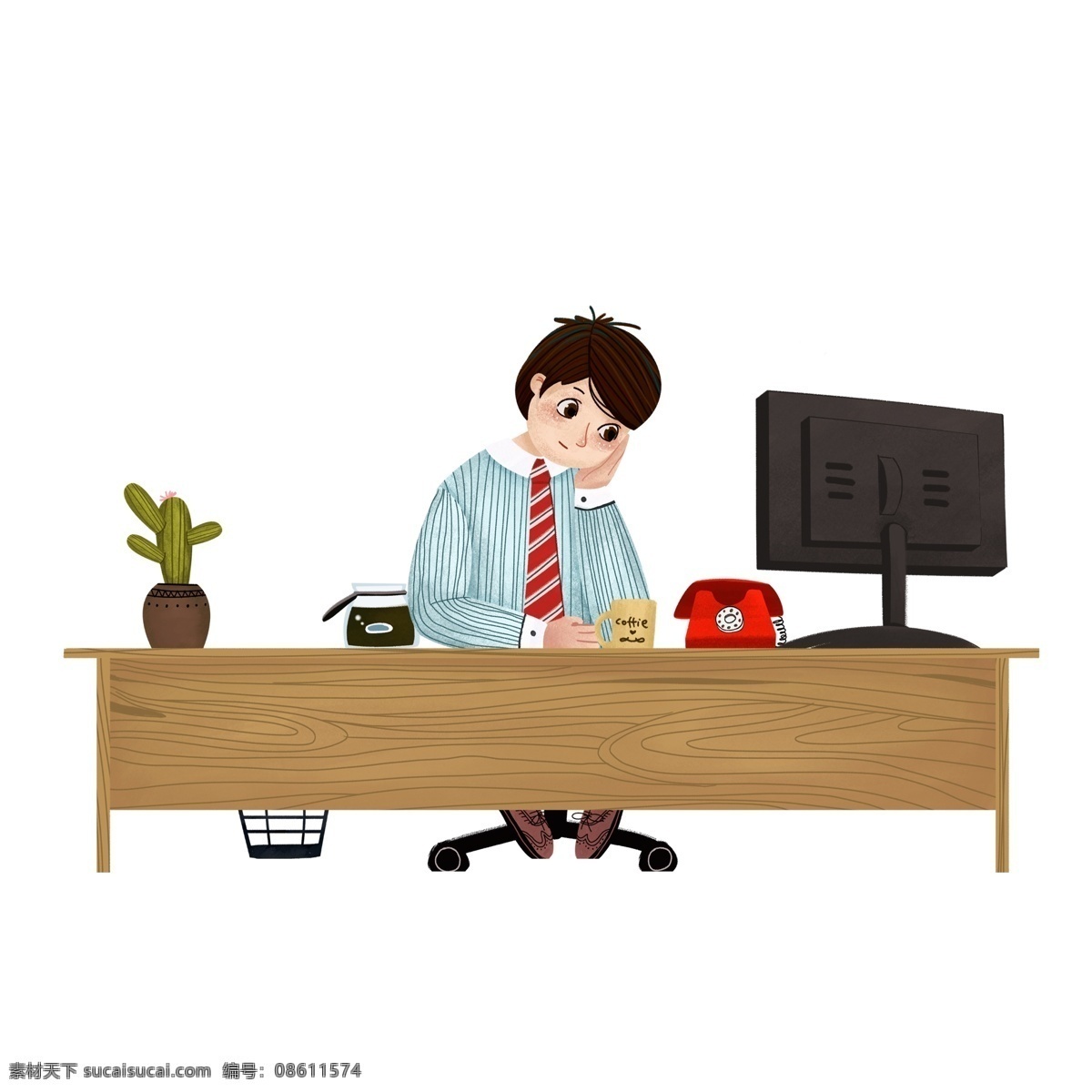 办公桌 前 人物 图案 元素 商务元素 仙人掌 卡通人物 电脑 办公室 创意元素 手绘元素 psd元素 免抠元素