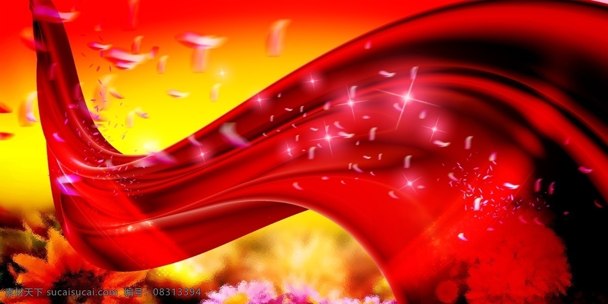 背景广告 葵花 花朵 红色飘带 星光效果 红色渐变背景