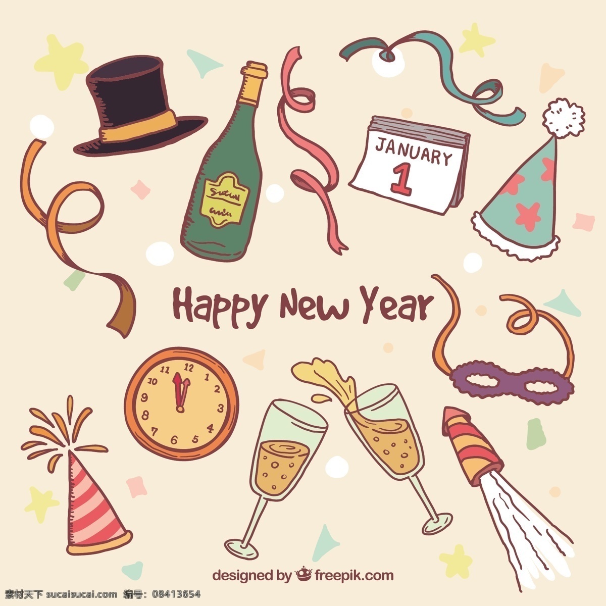 手绘 新 年 党 元素 方 一方面 新的一年 烟花 庆祝 新帽子 香槟 事件 绘图 手工绘图 绘制 方帽 粗略 白色