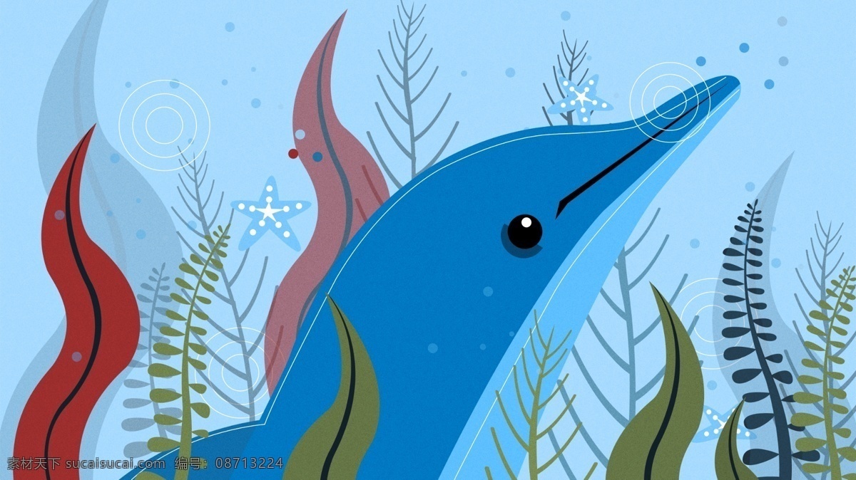 自然 印记 深海 里 海豚 蓝色 绿色 红色 气泡 海草 海星