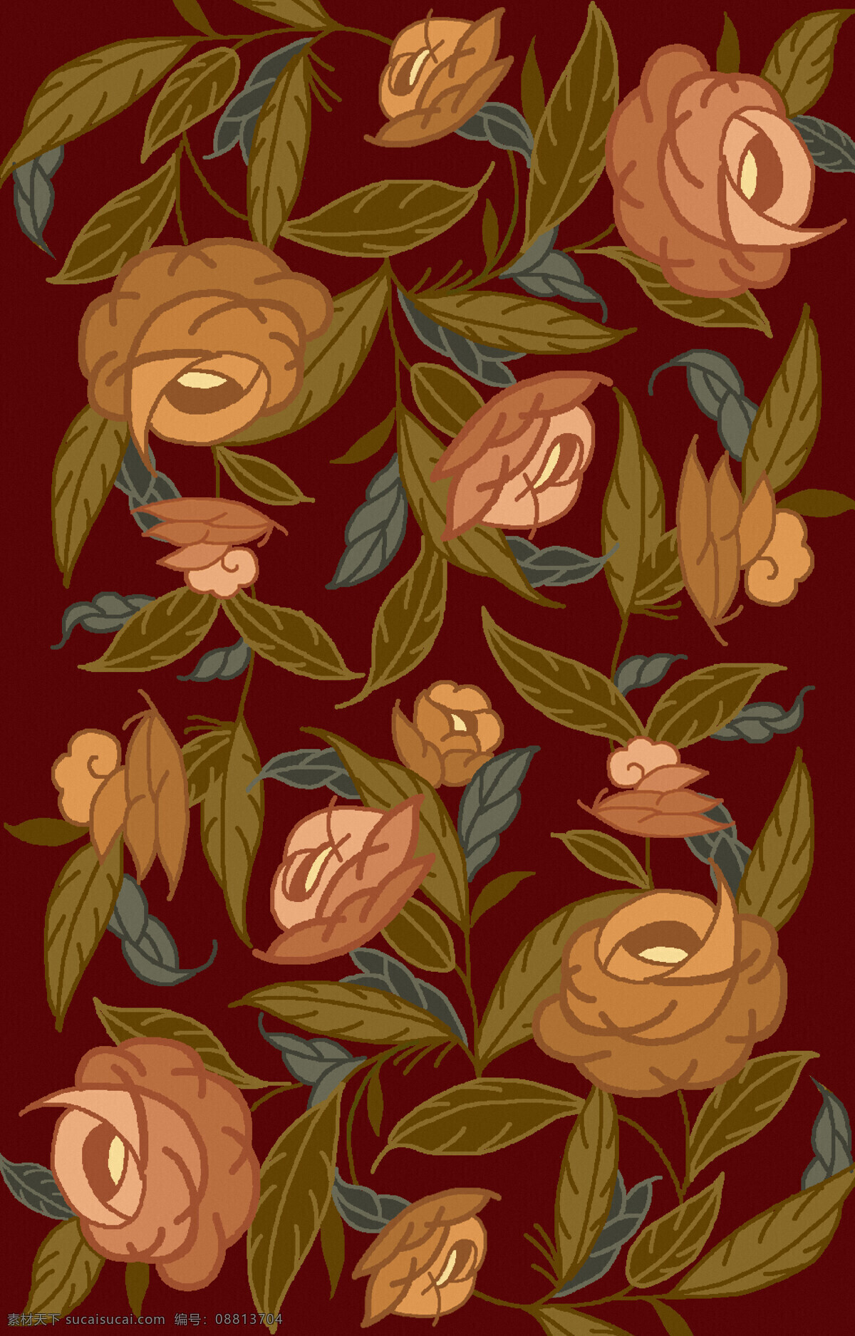 纺织面料 沙发布艺 纹饰 纹样 地毯图案设计 花卉植物围边 满铺 底纹边框 背景底纹