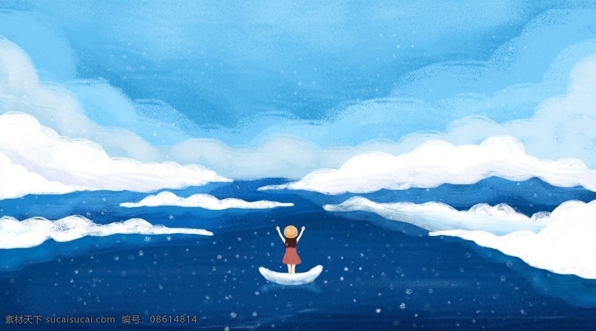 蓝天 蓝色 海洋 飘浮 小船 上 小女孩 卡通 背景