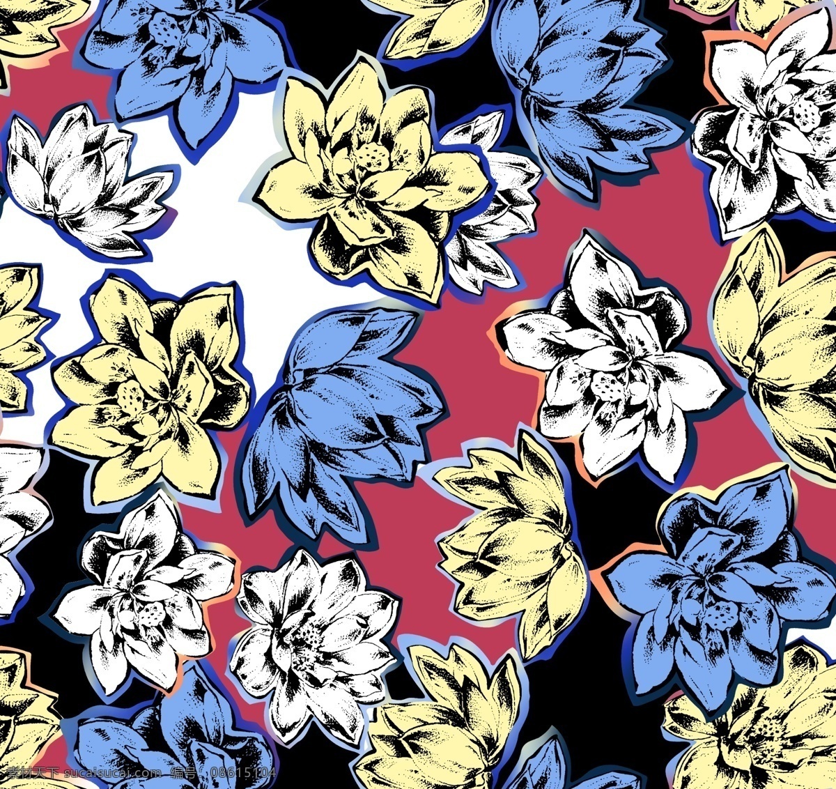 抽象大花 色块花 几何拼接 数码印花 服装图案 手绘花