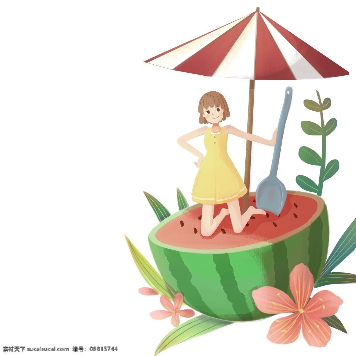 小女孩 西瓜 上 玩耍 免 扣 图 小女孩在 西瓜上玩耍 免扣图 漂亮 短发 女孩 夏天的女孩 穿着黄裙子 跪