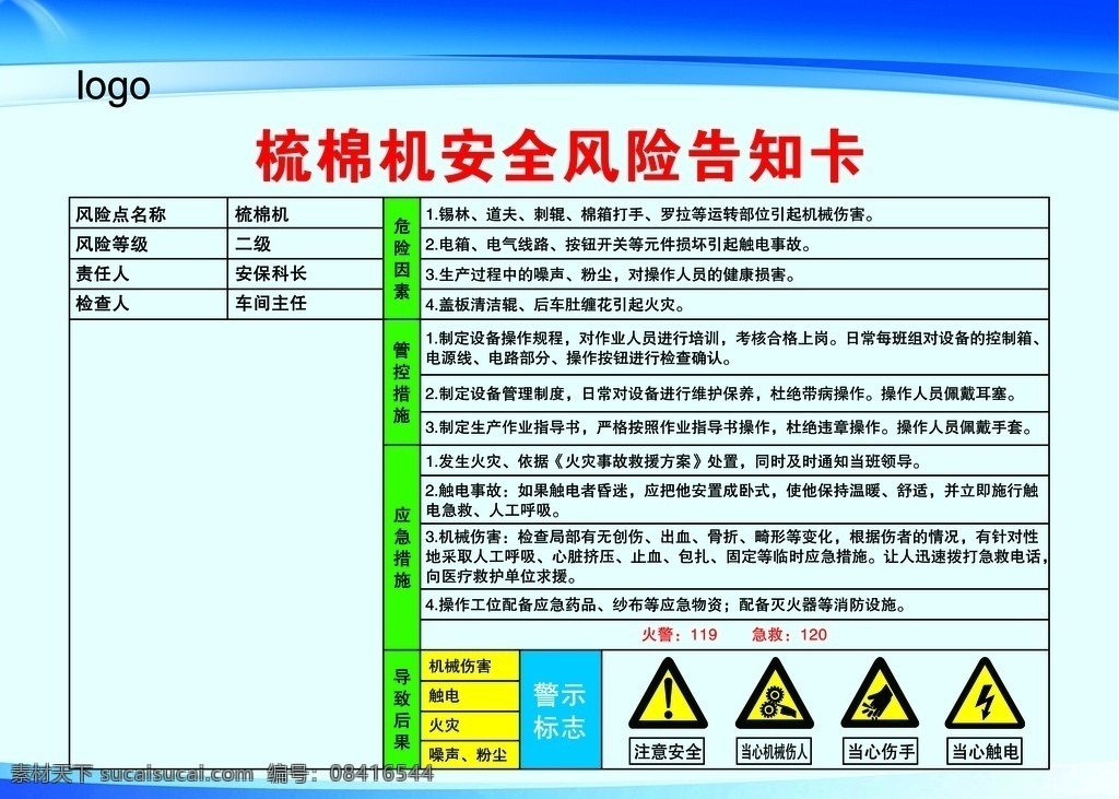 梳棉机 风险告知卡 蓝色背景 蓝色线条 危险因素 管控措施 应急措施 导致后果 警示标识 安全警示 注意安全 当心机械伤人 当心伤手 当心触电 标志 告知 牌 警示 分层