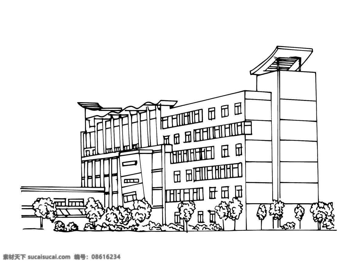 手绘 建筑 植物 场景 矢量 黑白 线条 侧面 黑白线条 学校建筑 建筑植物场景