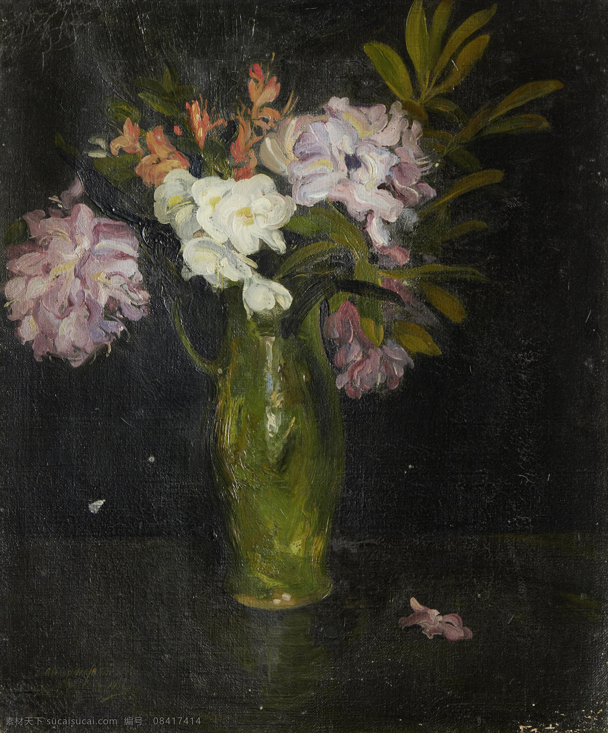 瓶花 油画花卉 装饰画 静物 黑色