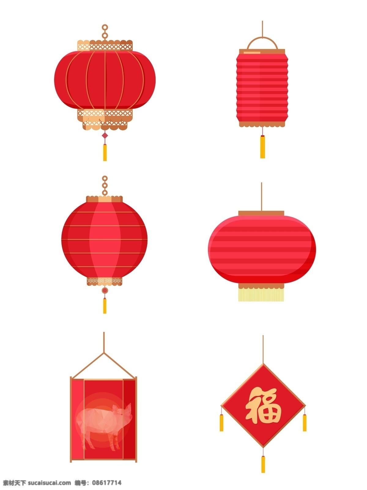 中国 风 喜庆 过年 春节 红灯笼 扁平 矢量 套 图 红色 婚礼 金色 灯笼 方形 过节 花灯 免扣 元素 元宵