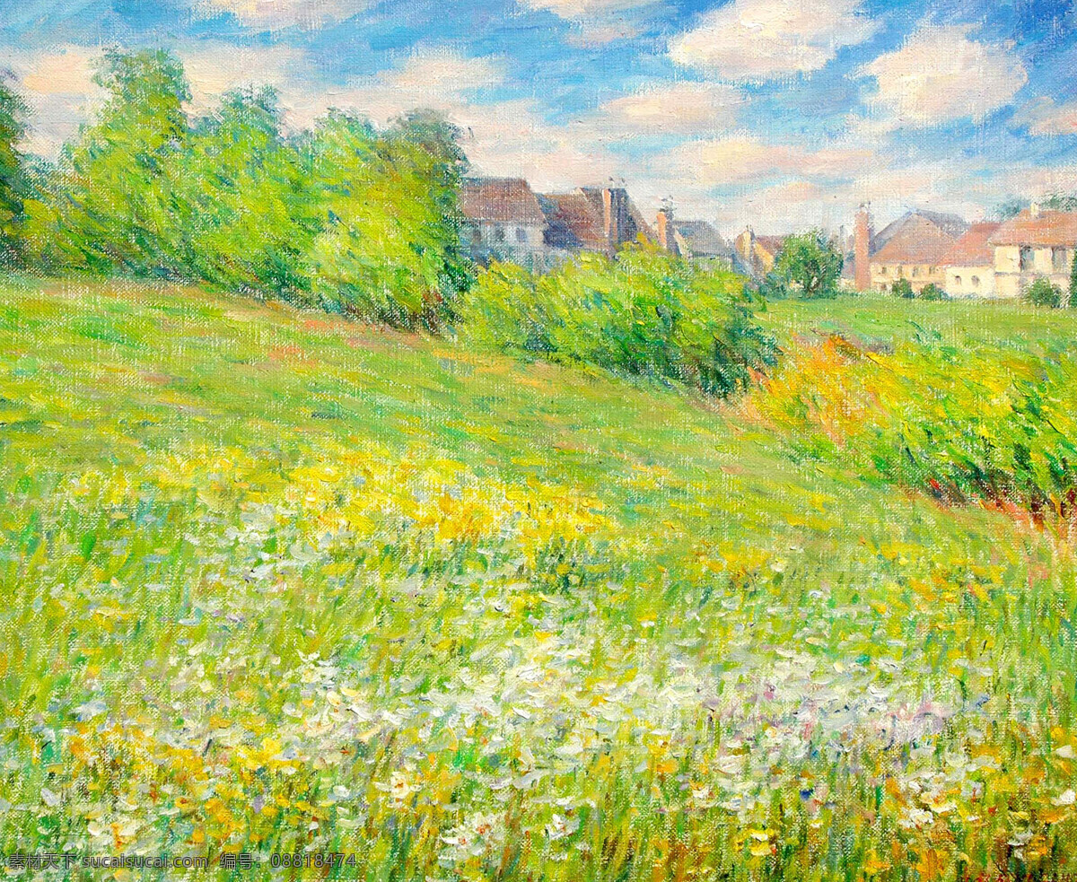 草地 房屋 风景画 花草 绘画书法 美术 树木 新泽西 春天 风景 设计素材 模板下载 油画 村子 油画艺术 油画作品56 文化艺术 家居装饰素材