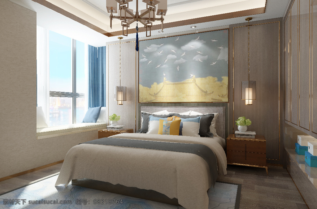 新 中式 温馨 卧室 效果图 时尚 简约 大气 3d 新中式