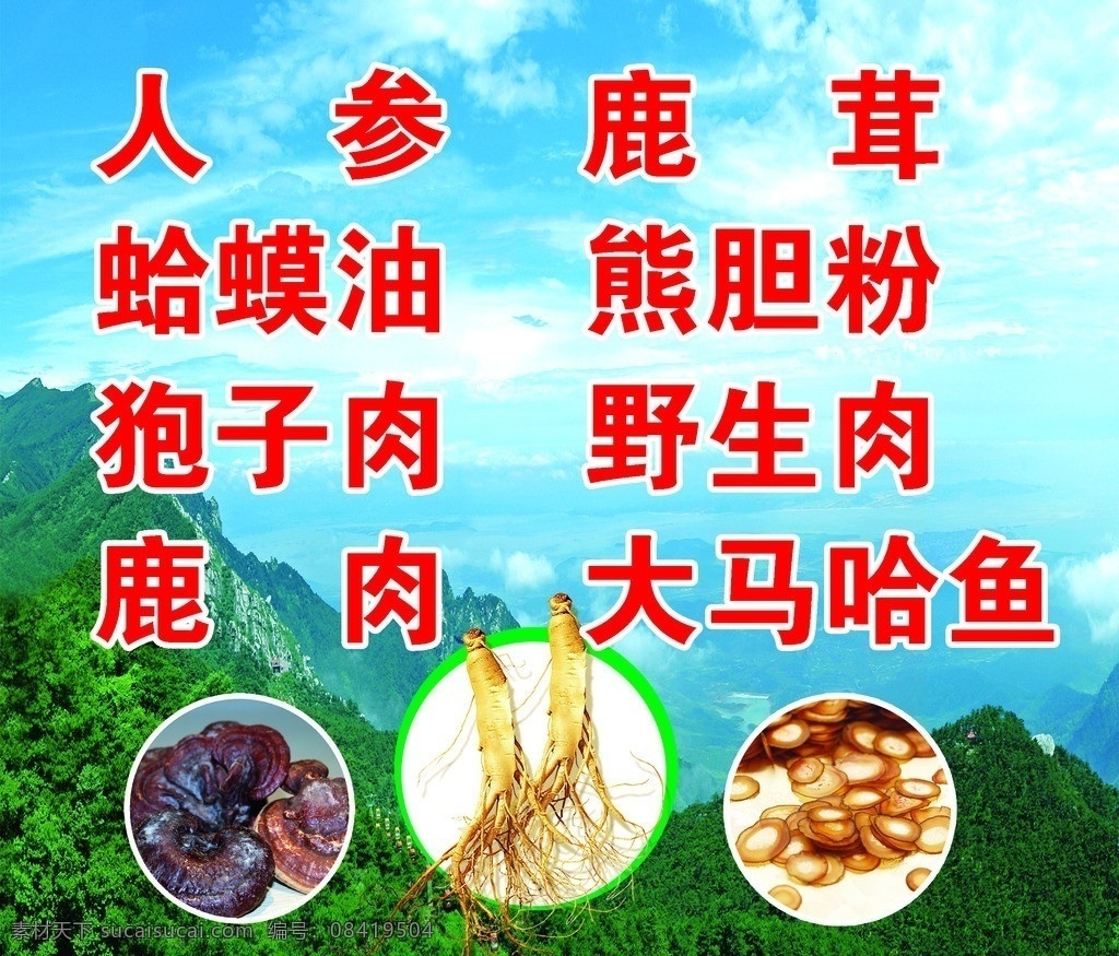 土特产 人参 鹿茸 熊胆粉 蛤蟆油 狍子肉 野生肉 鹿肉 大马哈鱼 广告设计模板 源文件