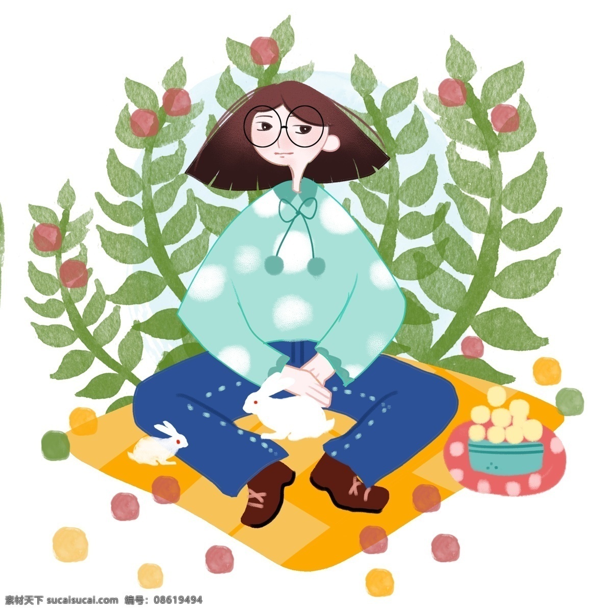 春游 兔子 插画 白色的兔子 卡通插画 春游插画 郊游插画 外出活动 春游游玩 喂兔子女孩