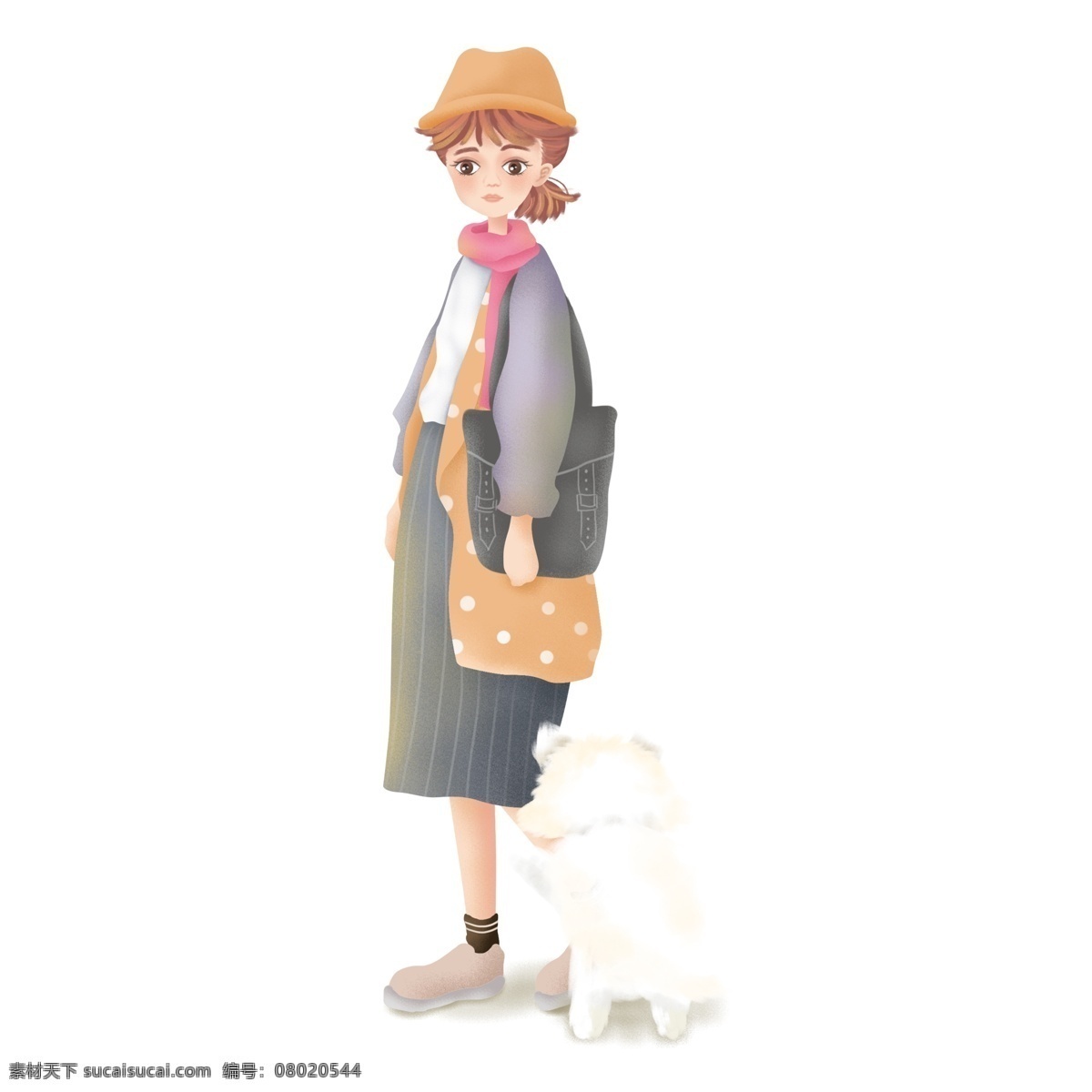 文艺 女生 宠物狗 手绘 商用 元素 插画 少女 psd元素 文艺女生 秋季人物设计