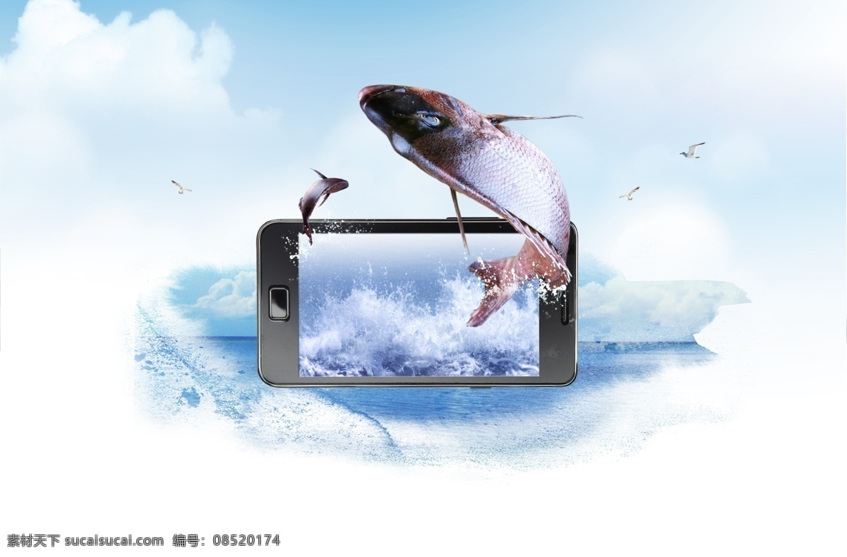 高清 大屏 手机 促销 海洋生物 背景 海报 海洋 生物 白色