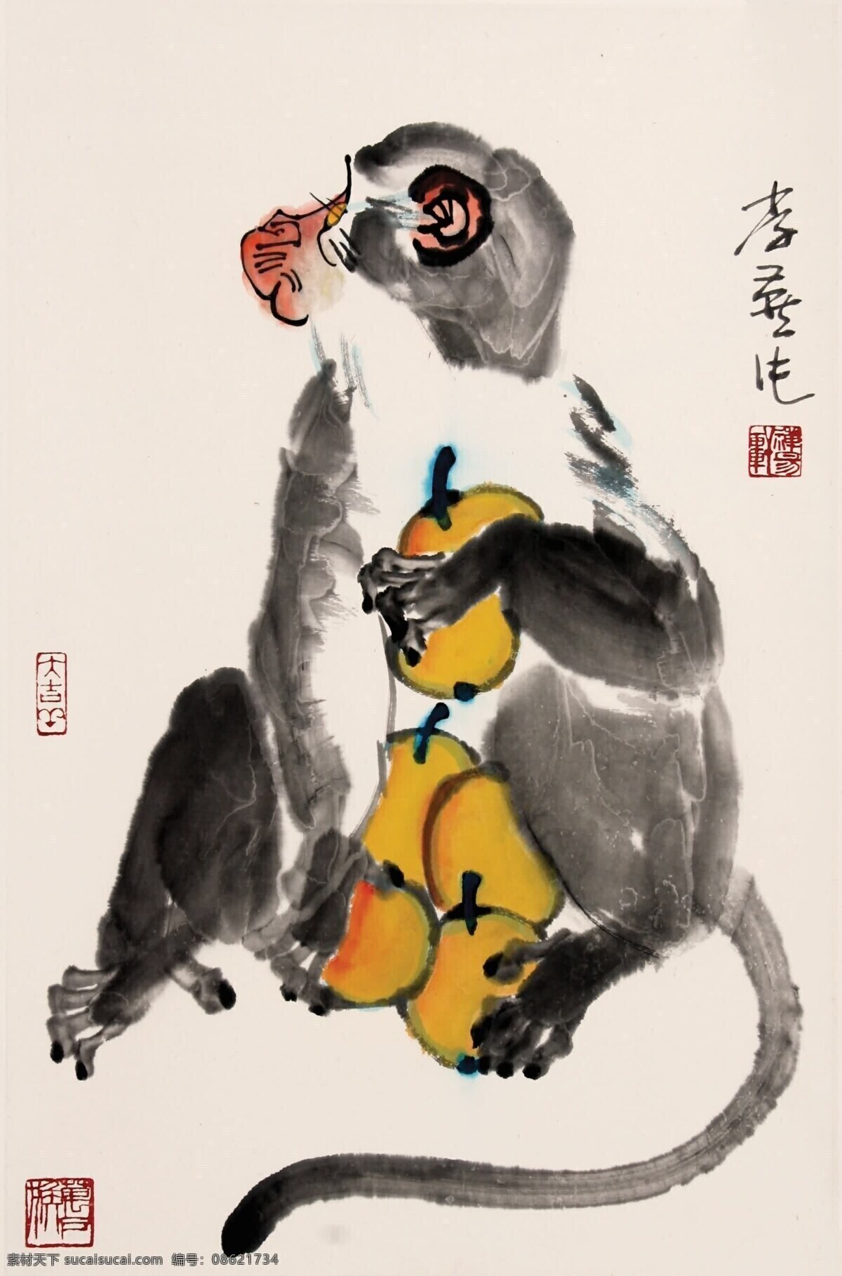 秋山 摘 果 图 刺绣 猴子 室内装饰设计 中国画 立轴 写意走兽画 李燕作品 工艺美术 平面广告 装饰设计 文化艺术