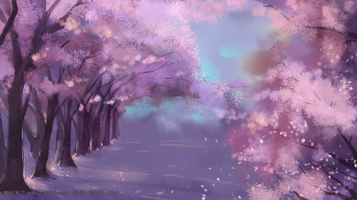 唯美 浪漫 粉色 樱花树 插画 背景 浪漫背景 粉色背景 卡通背景 插画背景