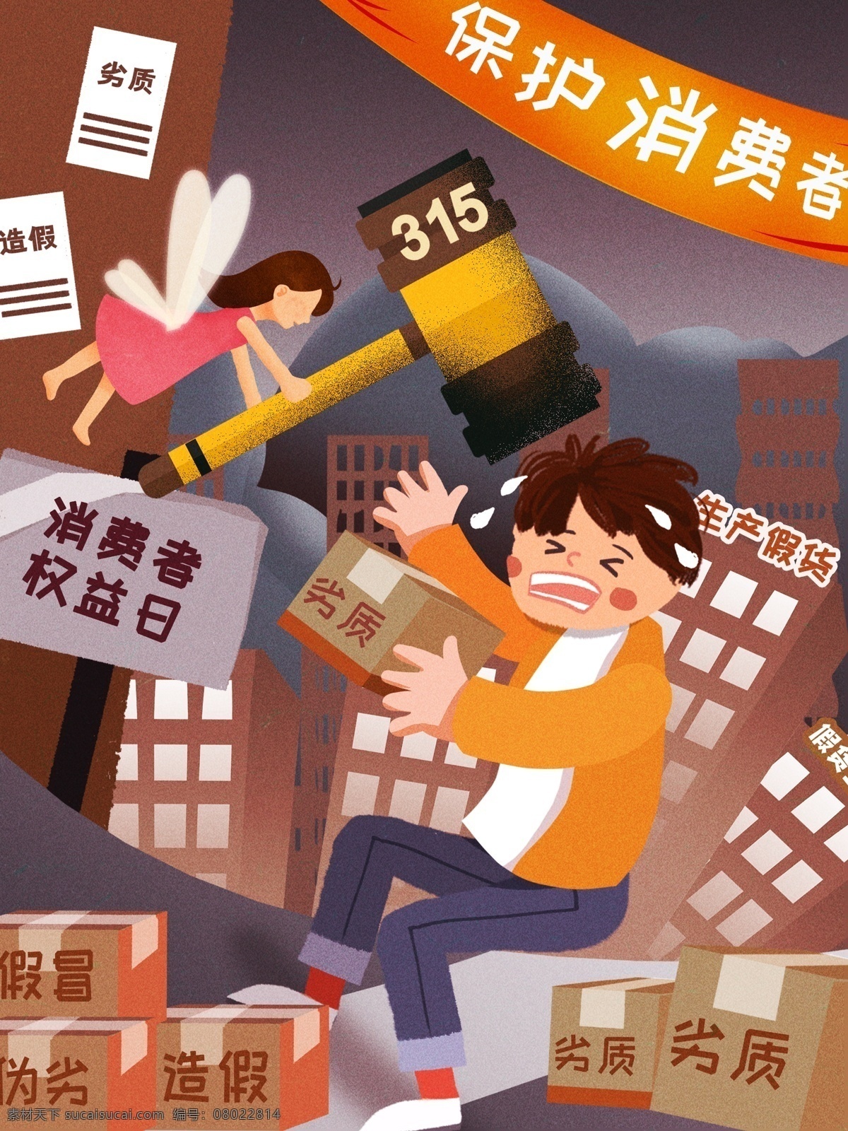 原创 插画 消费者 权益日 打假 人物 打假插画 打黑除恶 公益插画 公益 消费者插画 卡通插画
