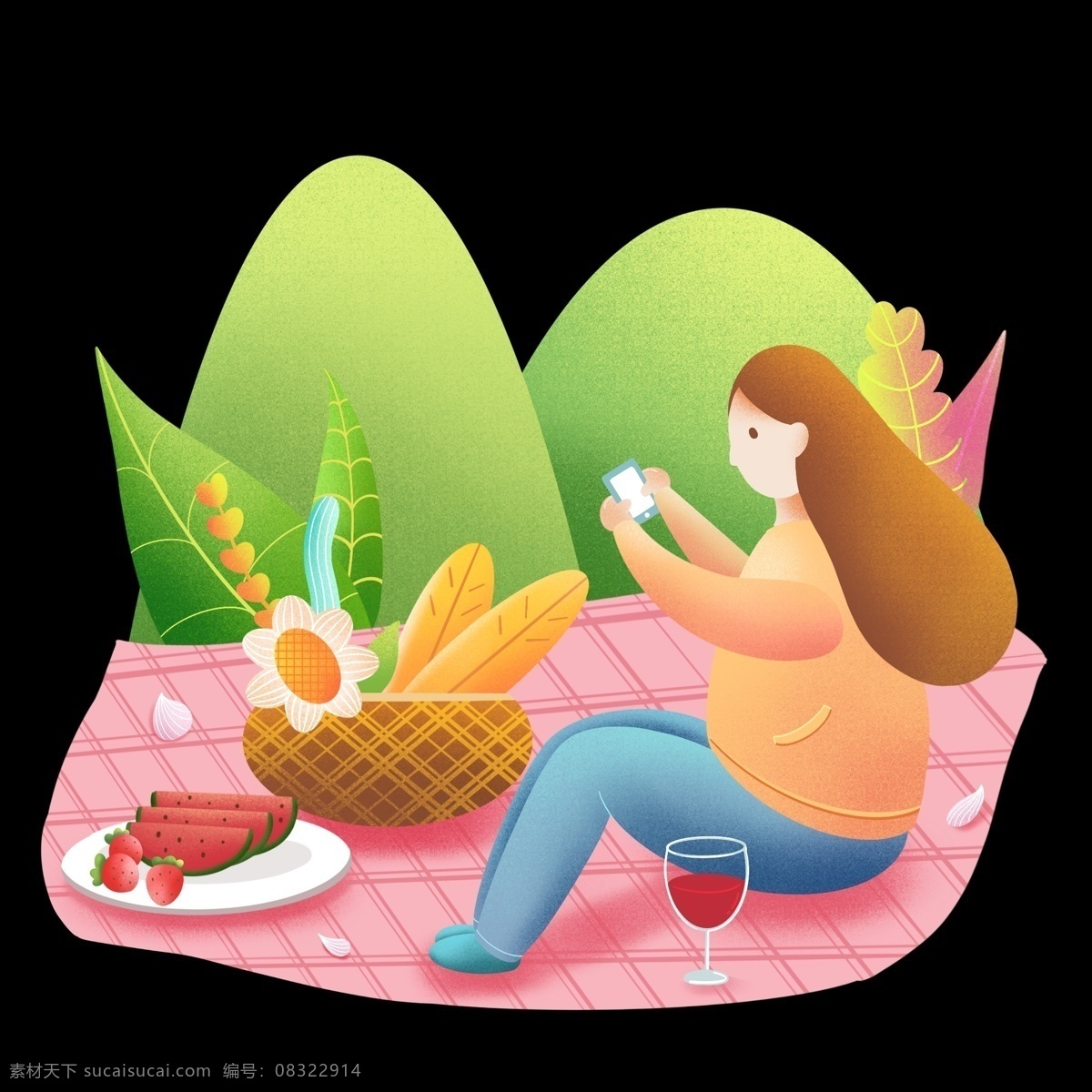 春游 踏青 野餐 女孩 插画 野餐的女孩 卡通插画 春游插画 踏青插画 游玩插画 郊游插画 粉色的地毯