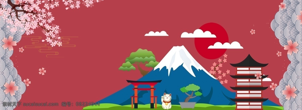 红色 日本 出游 banner 花朵 山峰 建筑 简约