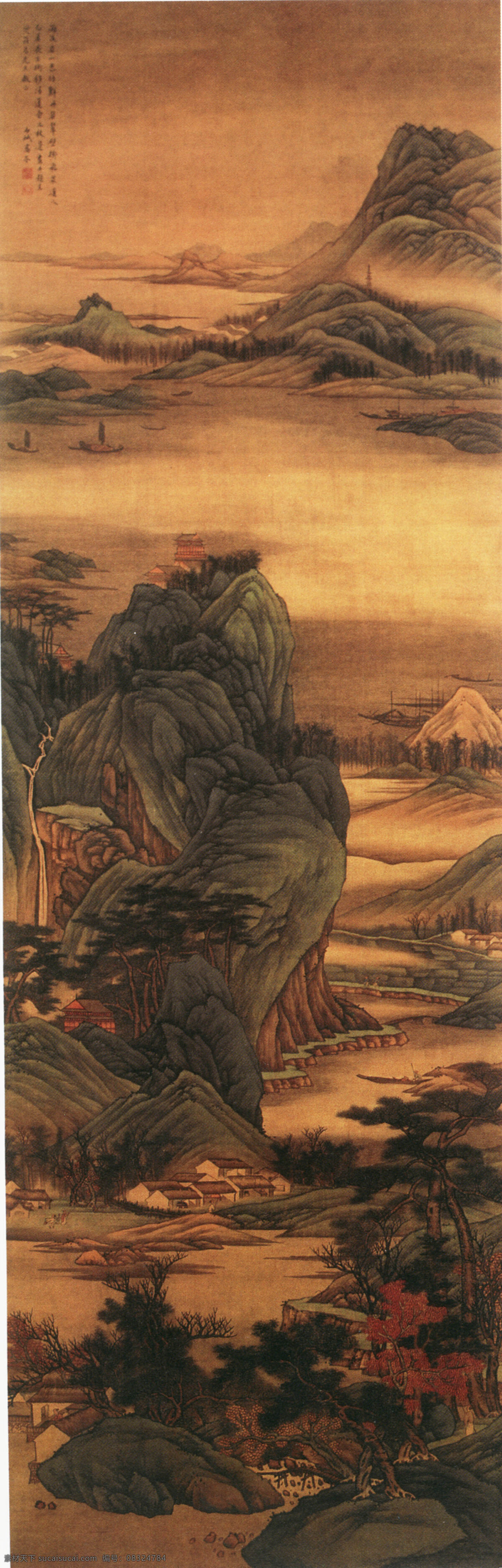 古代山水画 水墨画 山水画 古代 水墨 国家 山峦 河道 村庄 泛舟 绘画书法 文化艺术