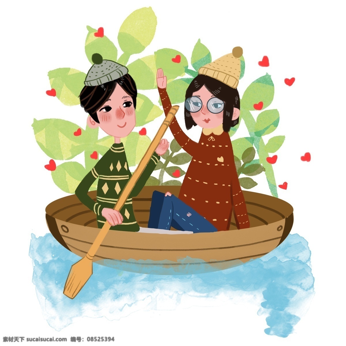 手绘 情人节 划船 插画 蓝色的海水 卡通插画 情人节礼物 划船的情侣 高兴的情侣