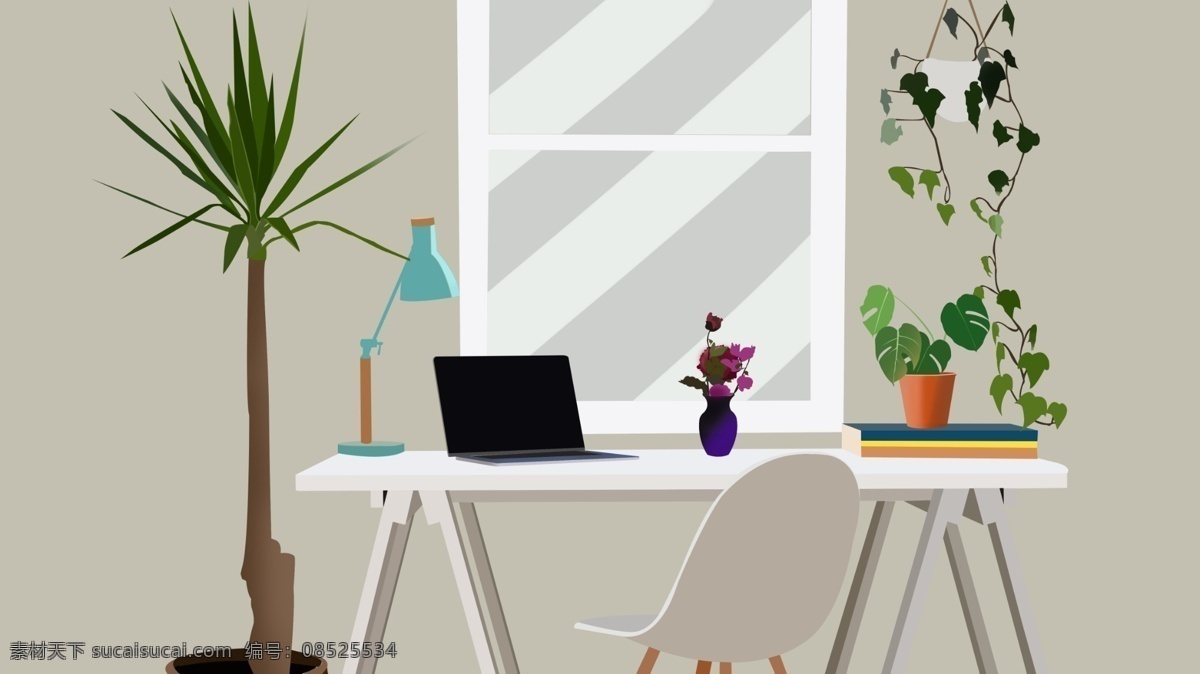 商务办公 场景 插画 简约 植物 电脑 窗户 商务办公场景 办公桌