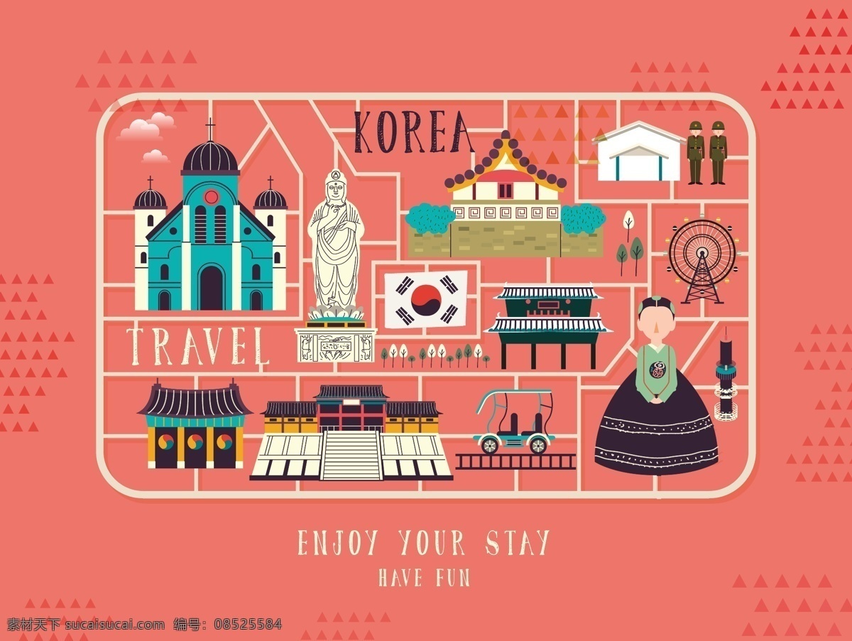 粉色 韩国 旅行 地标 美食 手绘 地图 矢量 矢量素材 设计素材 背景素材