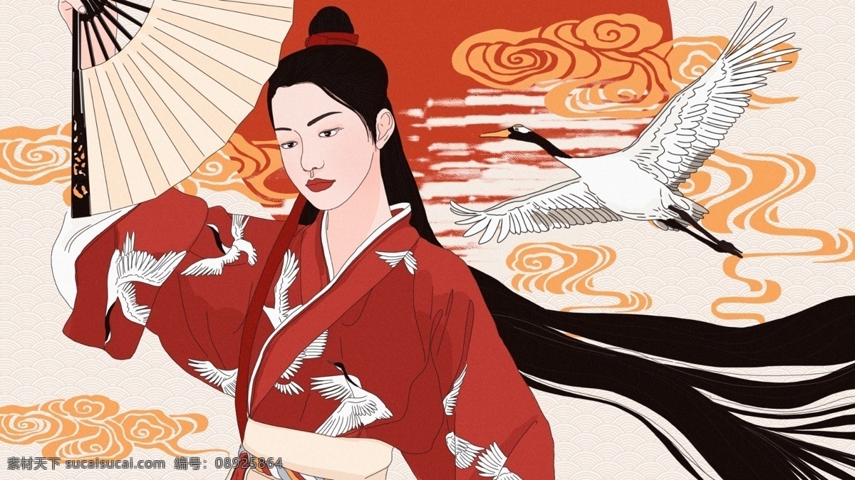原创 中华 传统文化 汉 服 文化 古风 少女 手绘 插画 纹样 祥云 仙鹤 扇子 中华传统文化 汉服文化 汉服