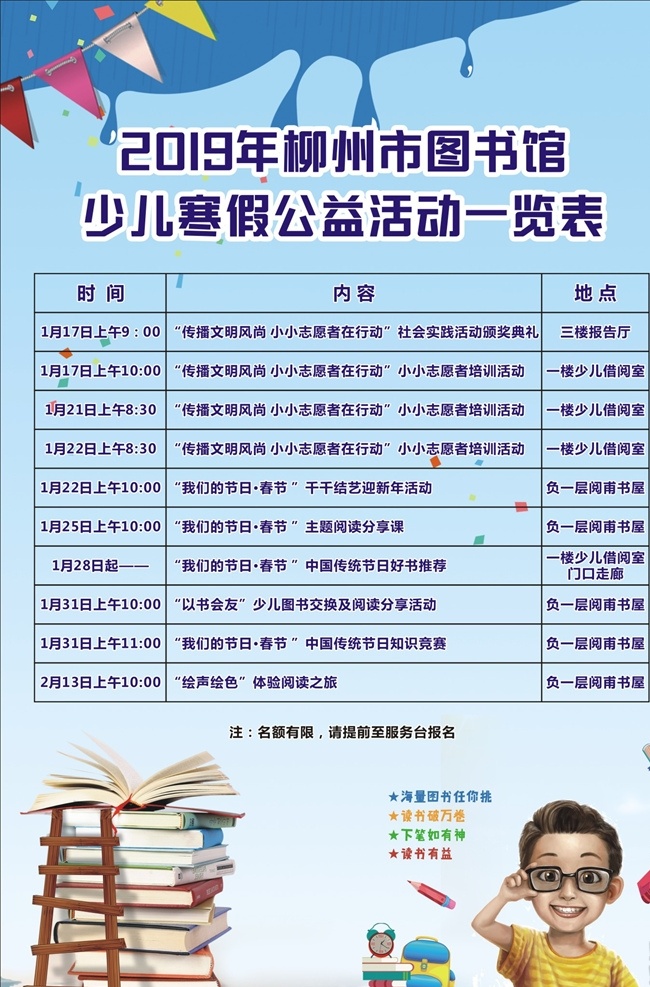 图书馆海报 海报 图书馆 书 少儿读物 卡通男孩 卡通书 蓝色底图