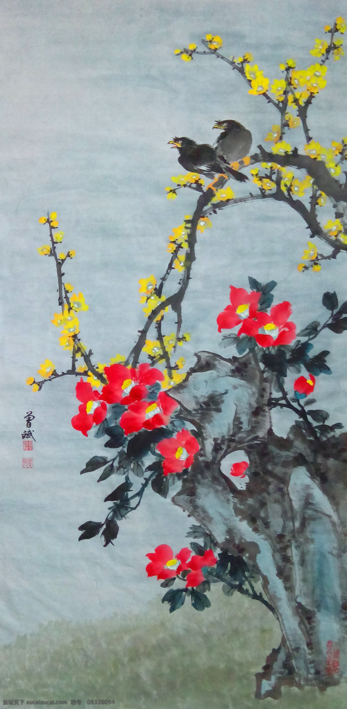八哥腊梅 八哥鸟 腊梅花 山茶花 奇石 灰色