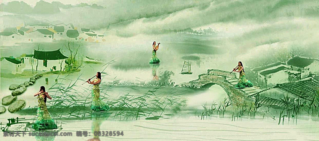 水墨 村庄 动态 背景 视频 水墨水彩 中国风 舞蹈 美女 小桥流水 多媒体 影视编辑 合成背景素材 mov 白色