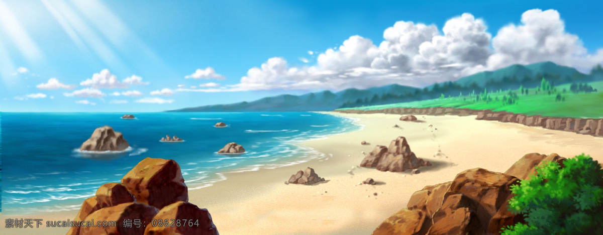 风景 插画 动漫动画 风景插画 风景漫画 海滩 设计图库 插画集