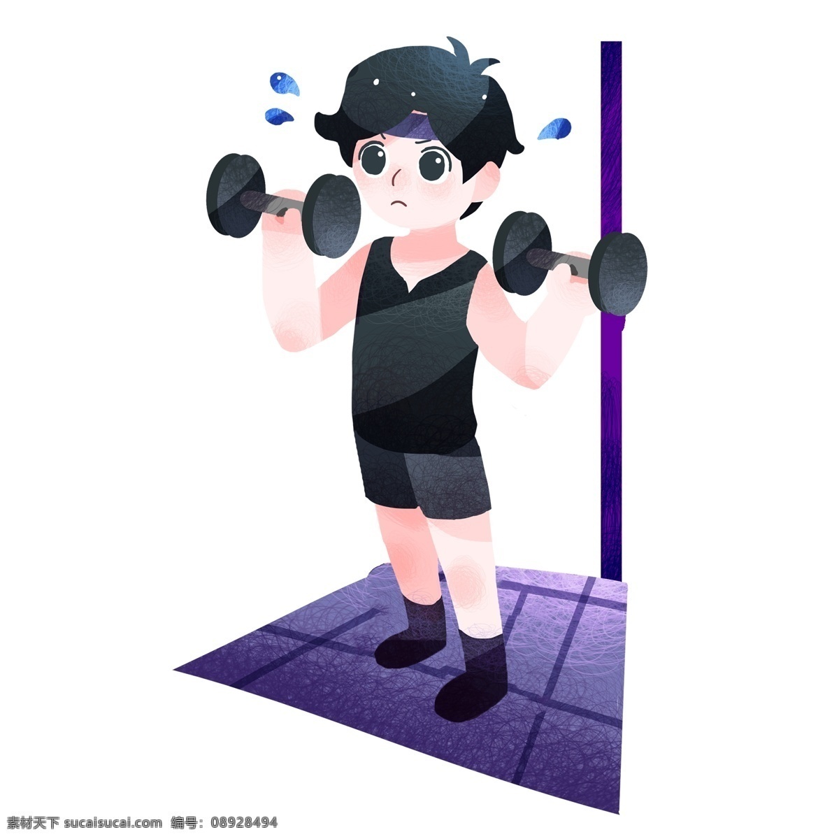 哑铃 健身 小 男孩 运动健身插画 哑铃健身 蓝色的汗滴 健身的小男孩 黑色的哑铃 卡通人物