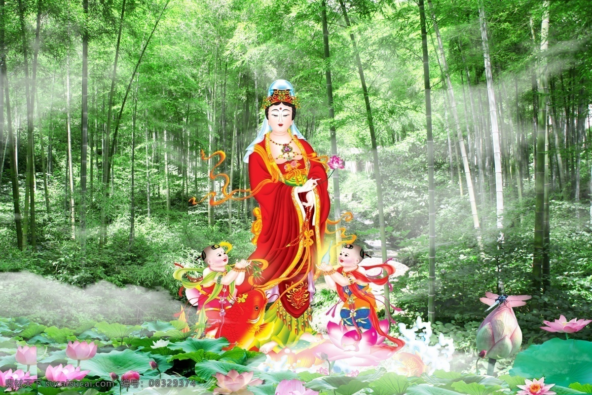 荷花池 观音 竹林 荷花 荷叶 观音菩萨 云雾 童子 仙童 鱼 水花 金装 花蕾 仙境 南无阿弥陀佛 神仙 南海观音 分层 源文件库
