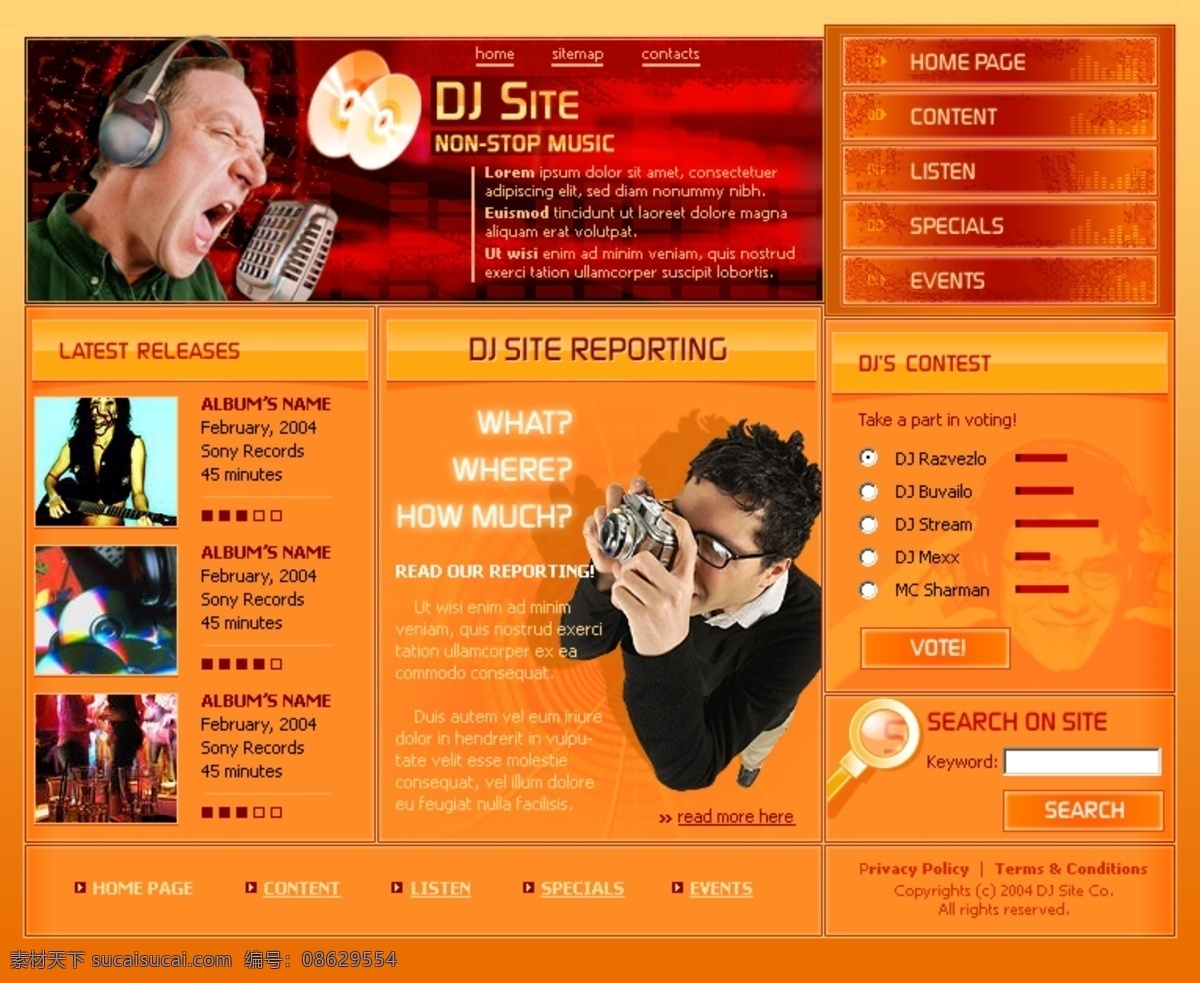 橙黄色 dj 音乐 网页模板 分层 唱歌 欧美 相机 网页素材