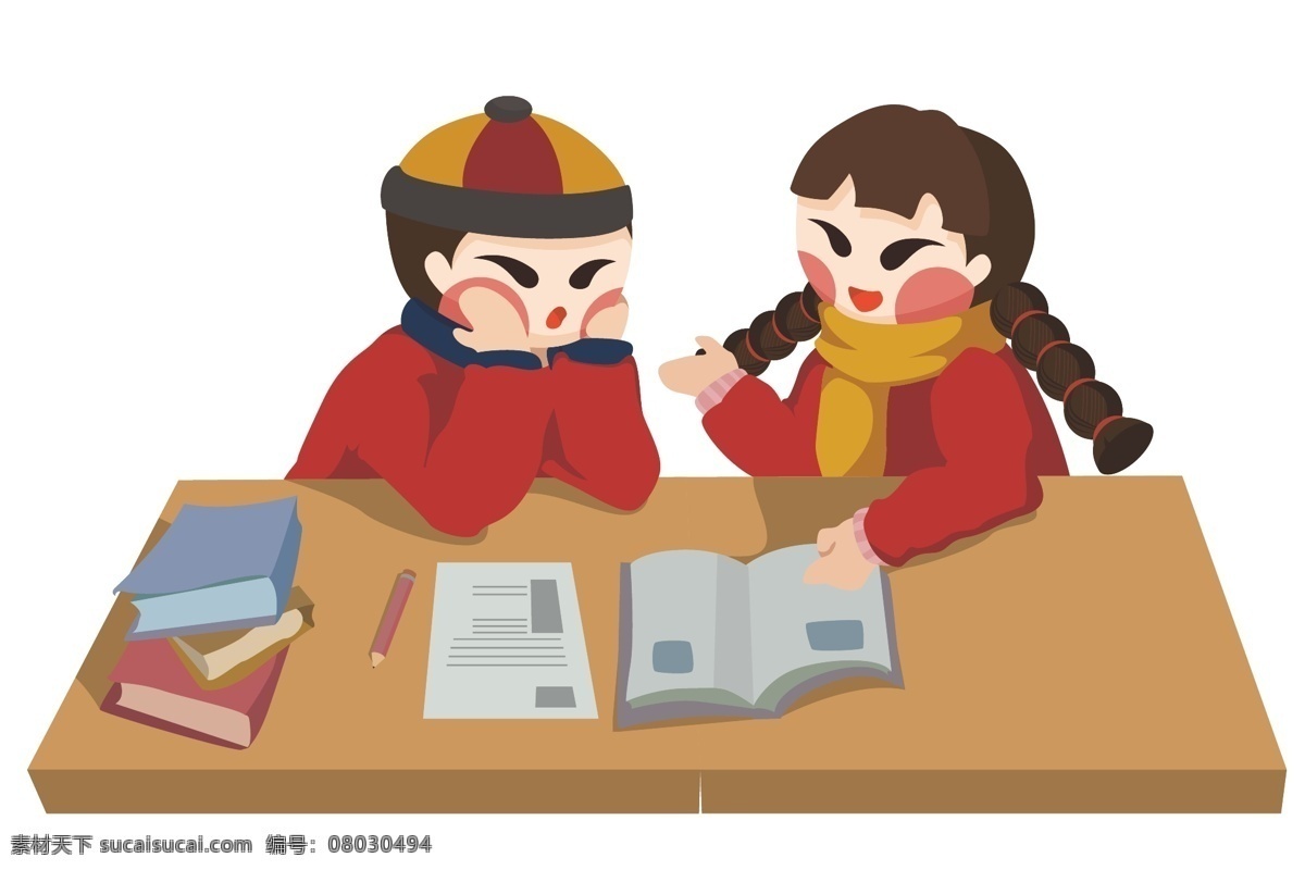 年画娃娃讲题做题场景矢量插画素材图片下载-素材编号08030494-素材天下图库