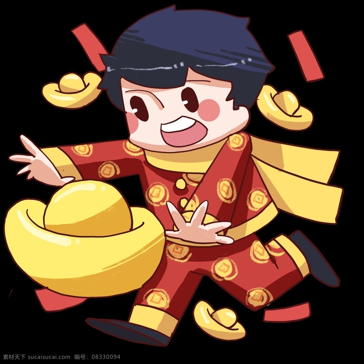 手绘 新年 金元宝 插画 金币 恭喜发财 元旦 卡通人物插画 手绘金元宝 金元宝插画 2019年