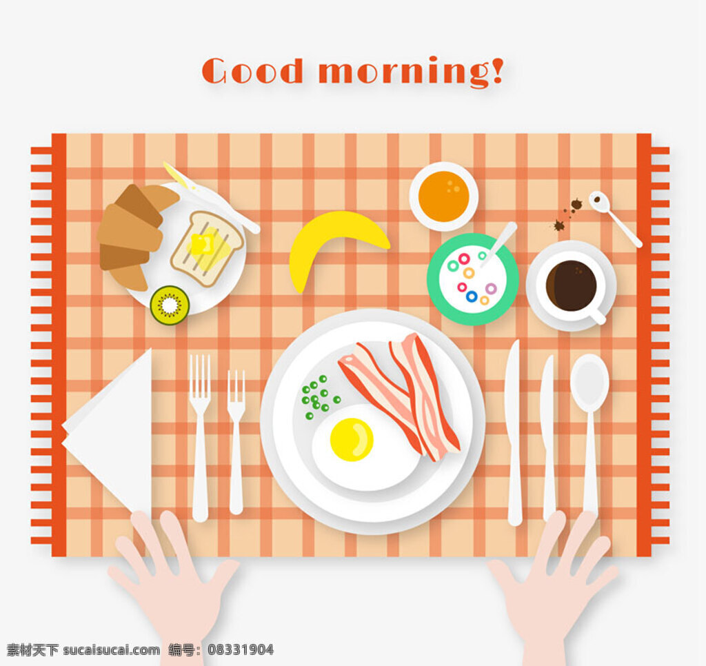 丰盛 早餐 桌 俯视图 矢量 餐具 手 蛋 食物 卡通 扁平 早晨 下午茶 白色