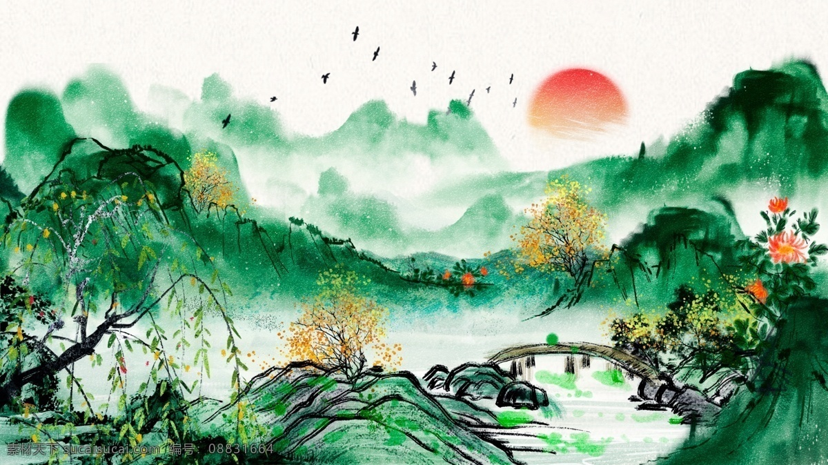 唯美 复古 风景画 中国 水墨画 水彩画 插画 电商 商业 壁纸 手机配图 中国水墨画 中国水彩画 朋友圈用途