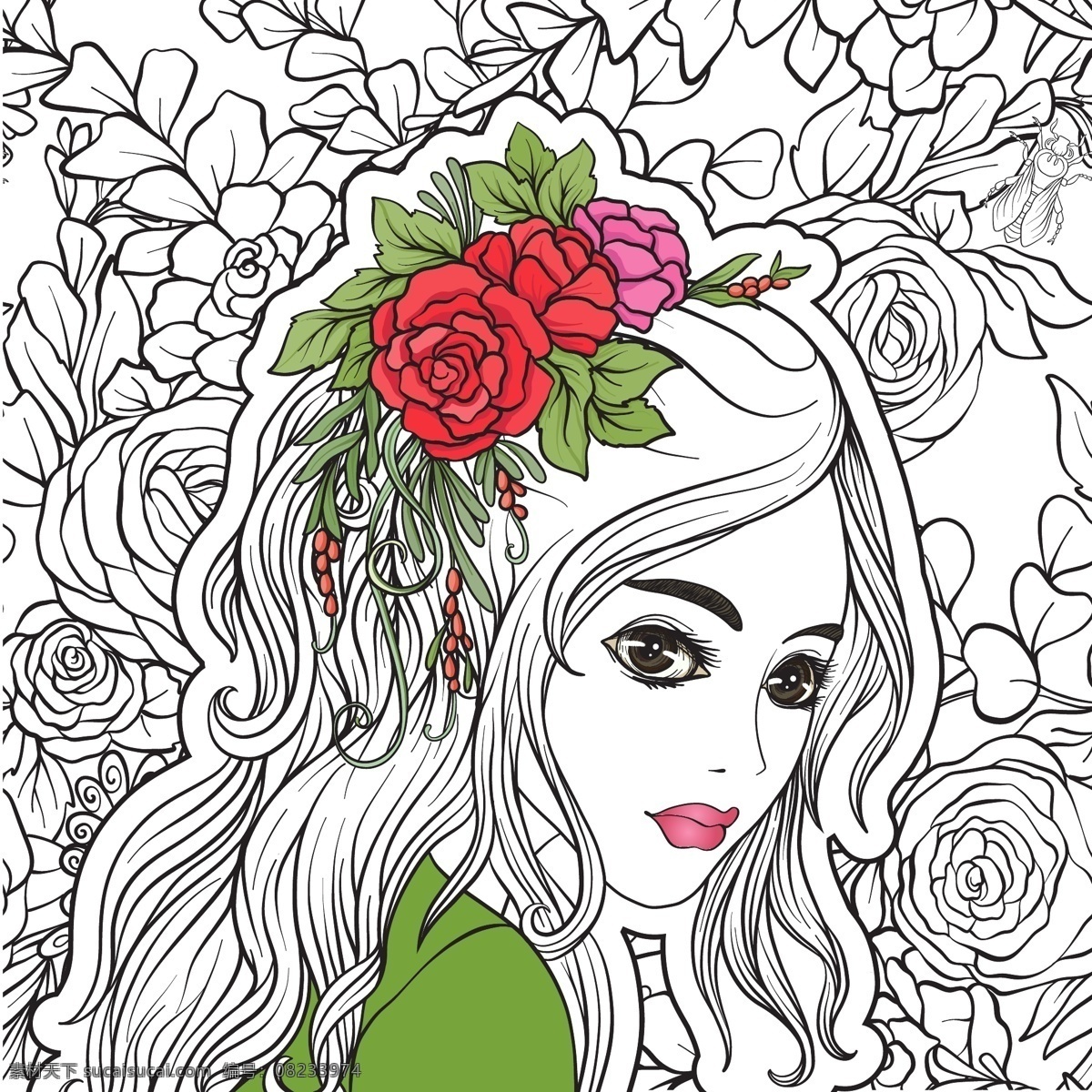 动漫 少女 插画 矢量 红色 花朵 卡通 绿色 免扣素材 手绘 素材合集 紫色