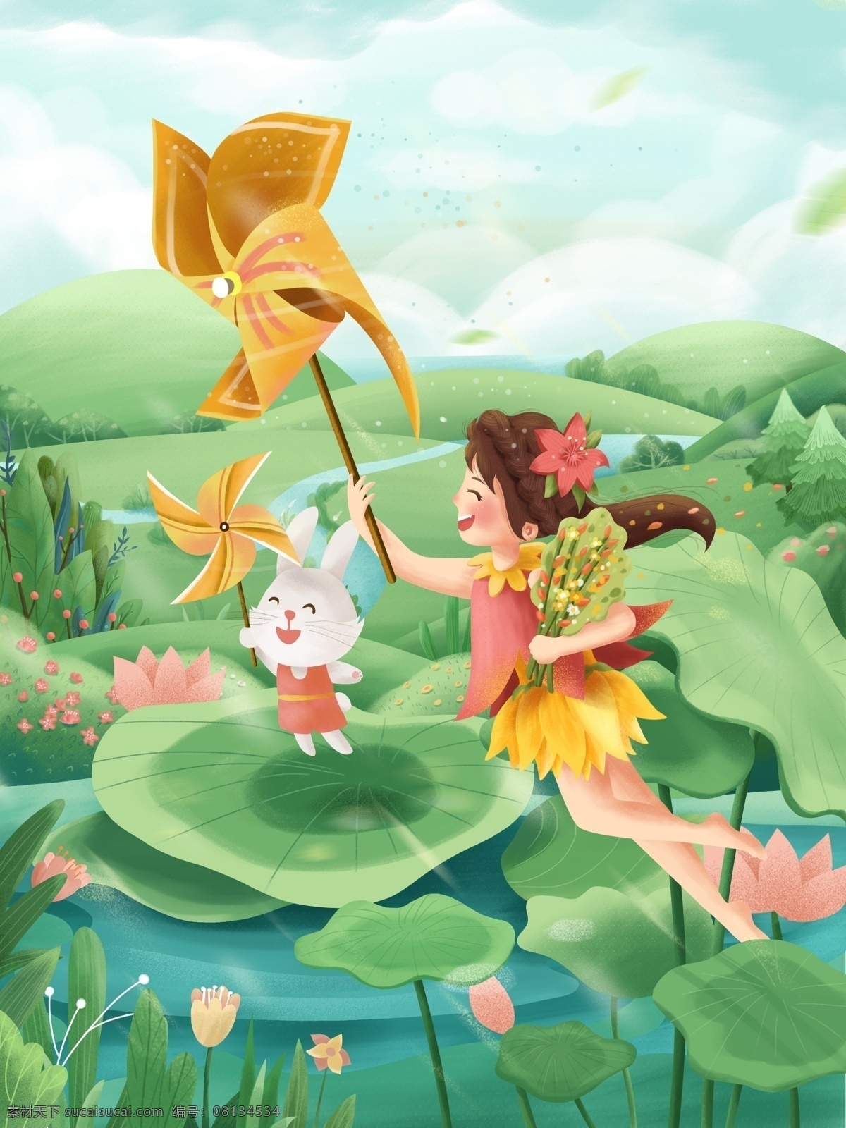 原创 手绘 插画 春天 你好 女孩 风车 春 春季 绿色 植物 动物 荷叶 手绘插画 小清新