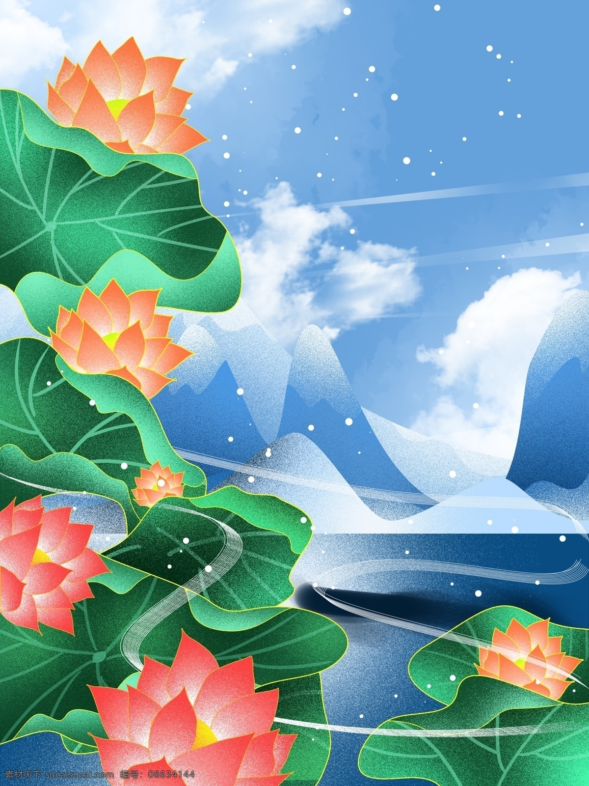 中国 风 传统 荷花 插画 背景 唯美背景 中国风背景 荷塘背景 赏荷花 插画背景 荷花背景 夏天背景 夏季背景