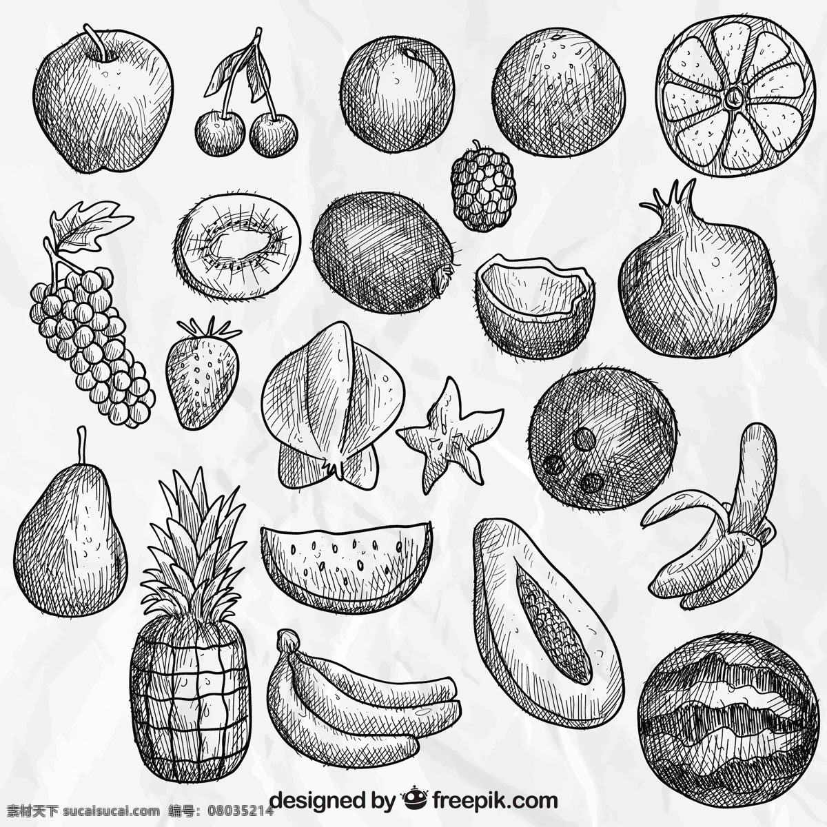 手绘水果插图 食品 水果 绘制 苹果 有机 绘画 柠檬 香蕉 椰子 菠萝 樱桃 抽纱 有机食品 哈密瓜 手绘