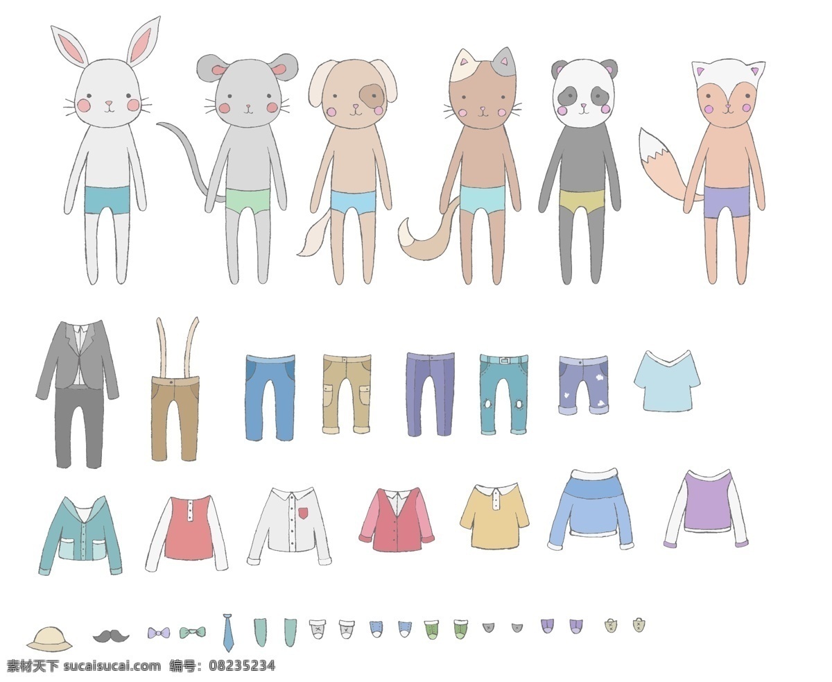动物 拟人 时尚 打扮 插画 卡通 小动物 服装 装扮 装饰 画芯 矢量