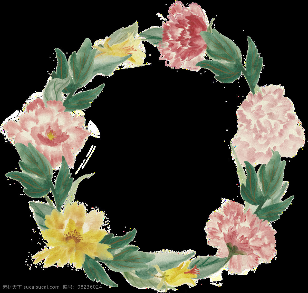 花环 康乃馨 绿叶 手绘 圆形手绘 装饰元素 粉 黄色 雅致 装饰 元素