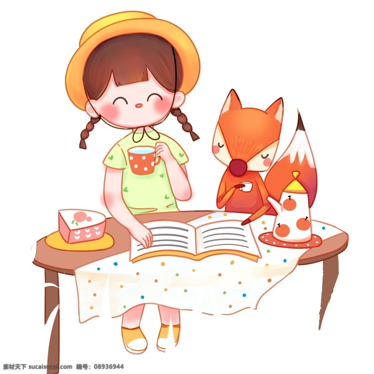 手绘 喝 下午 茶 读书 女孩 狐狸 漫画 人物 兔子 看书 下午茶